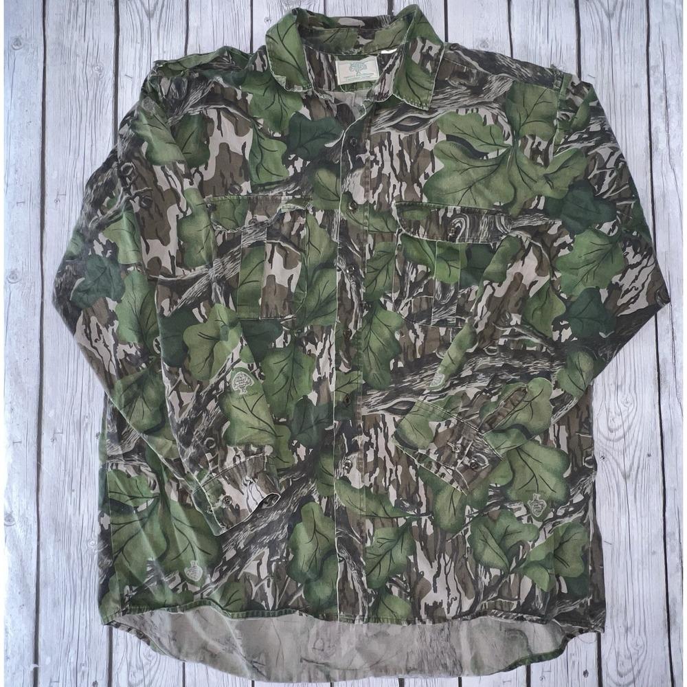 Vintage Mossy Oak Full Foilage Men Button Shirt XL Camo Hunting USA Shacket